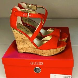 Guess Sz 6M Cork High Wedge Sandals Red Suede
